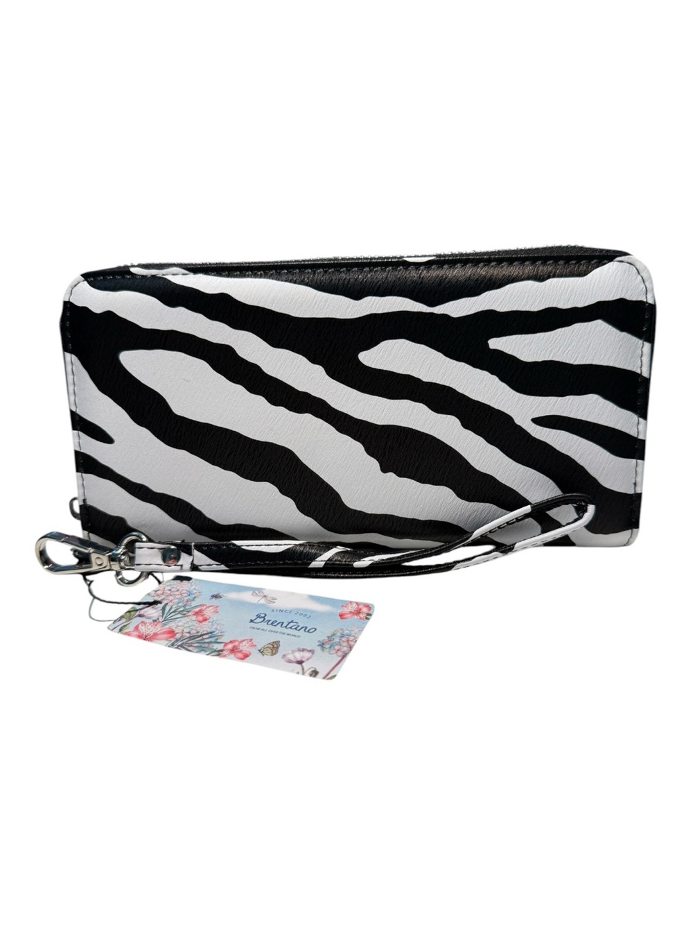 Brentano Zebra Black Zip Around Wallet with Wristlet Strap NWT